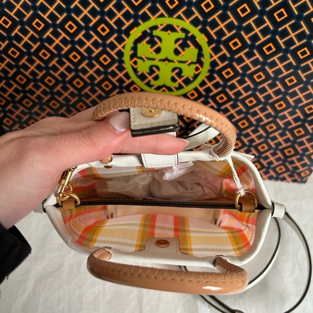 Tory Burch Mini Perry Mesh Tote Canyon Flower Plaid White Pink Tan Yellow Gold